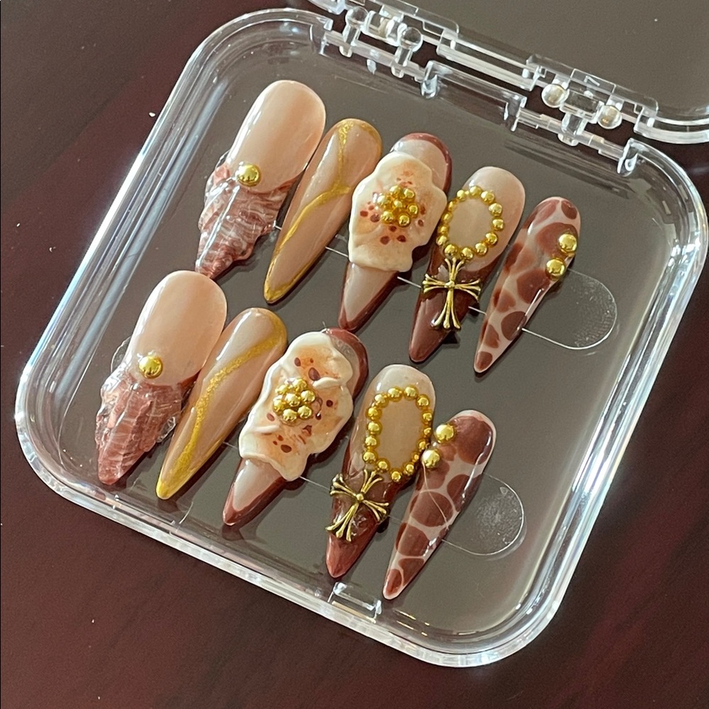 Maroon and Gold Handmade Press On Nails Size XS